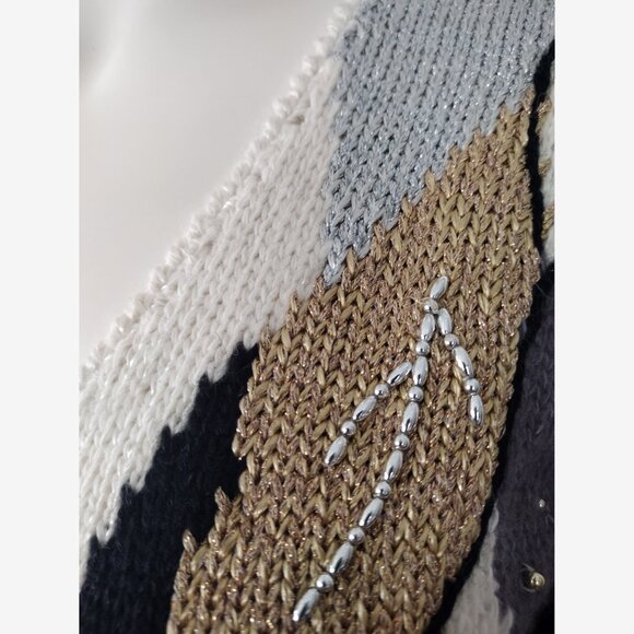 Vintage 90s Gold Silver Metallic Leaf Pattern Acrylic Knit Beaded Sweater - Picture 7 of 10
